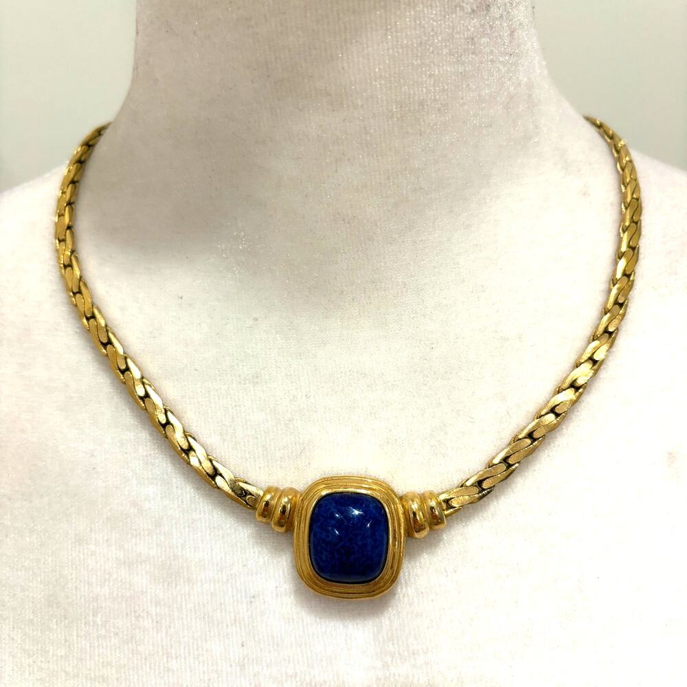 Vintage Christian Dior Lapis Navy Stone Gold Tone Thick Choker Necklace